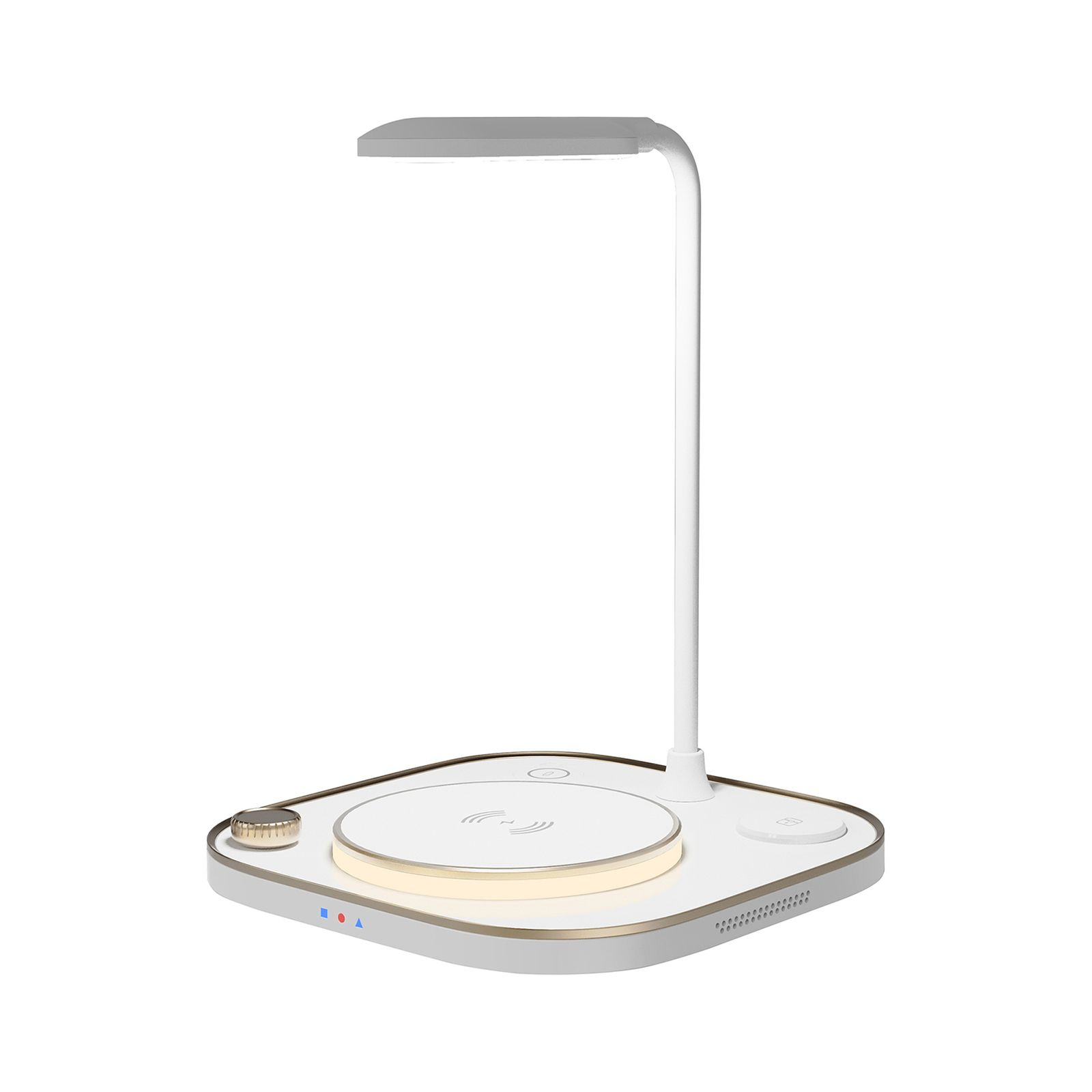 Weiße Schreibtischlampe mit Ladepad und Bedienelementen auf weißer Oberfläche.