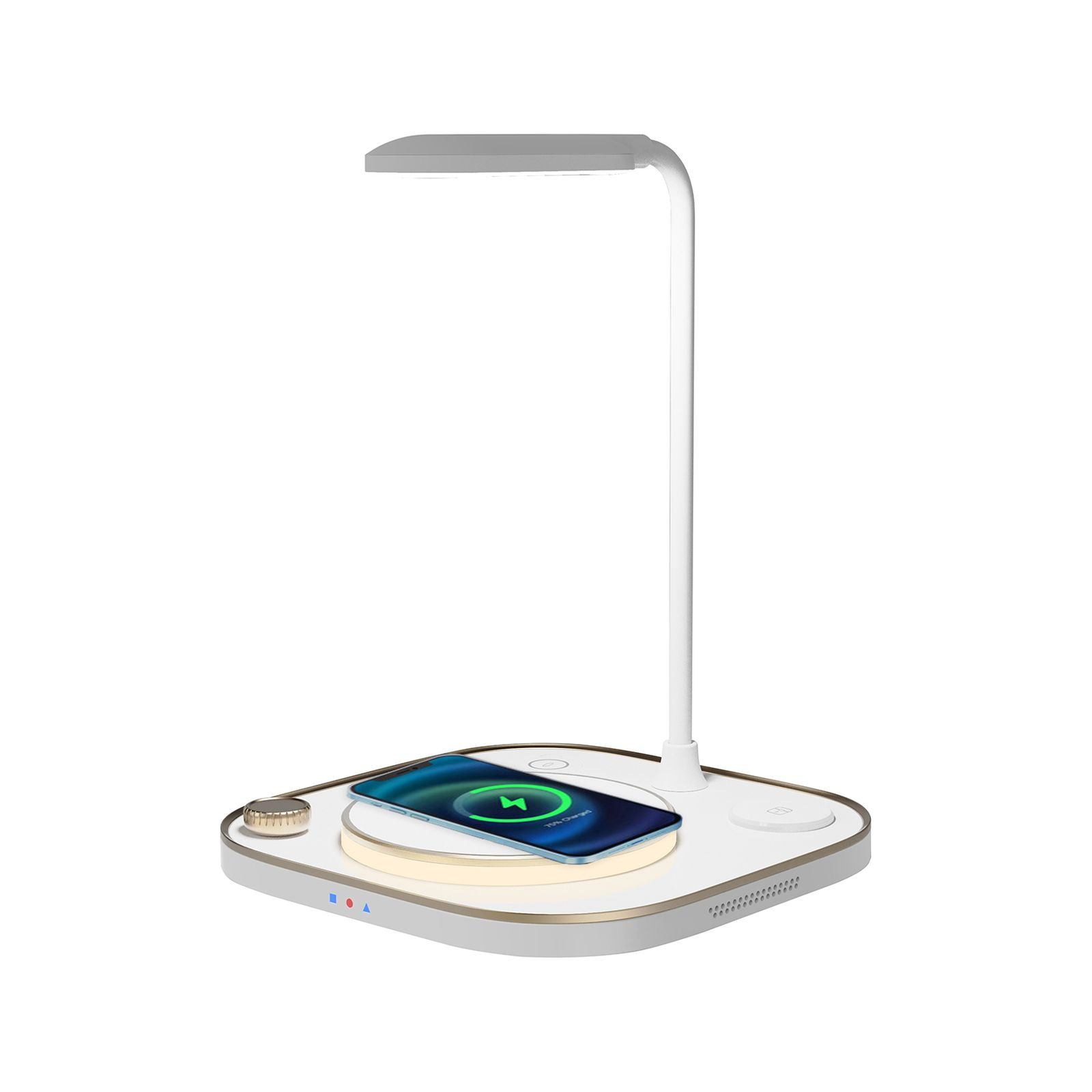 Weiße Schreibtischlampe mit Telefon darauf. Es hat ein Ladepad und ein Licht.