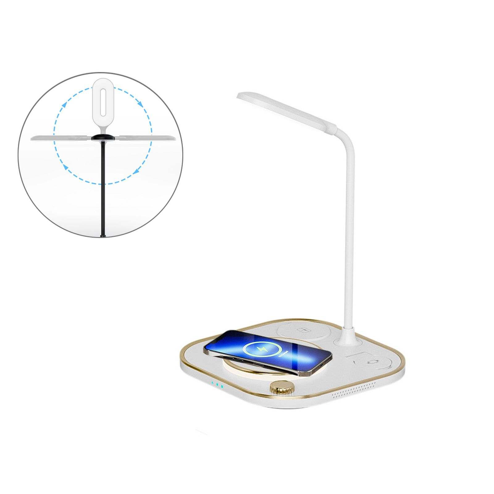 Weiße Schreibtischlampe mit Telefon auf der Basis. Ein Kreisdiagramm zeigt die Lampenrotation. Der kabellose Ladebereich ist sichtbar.