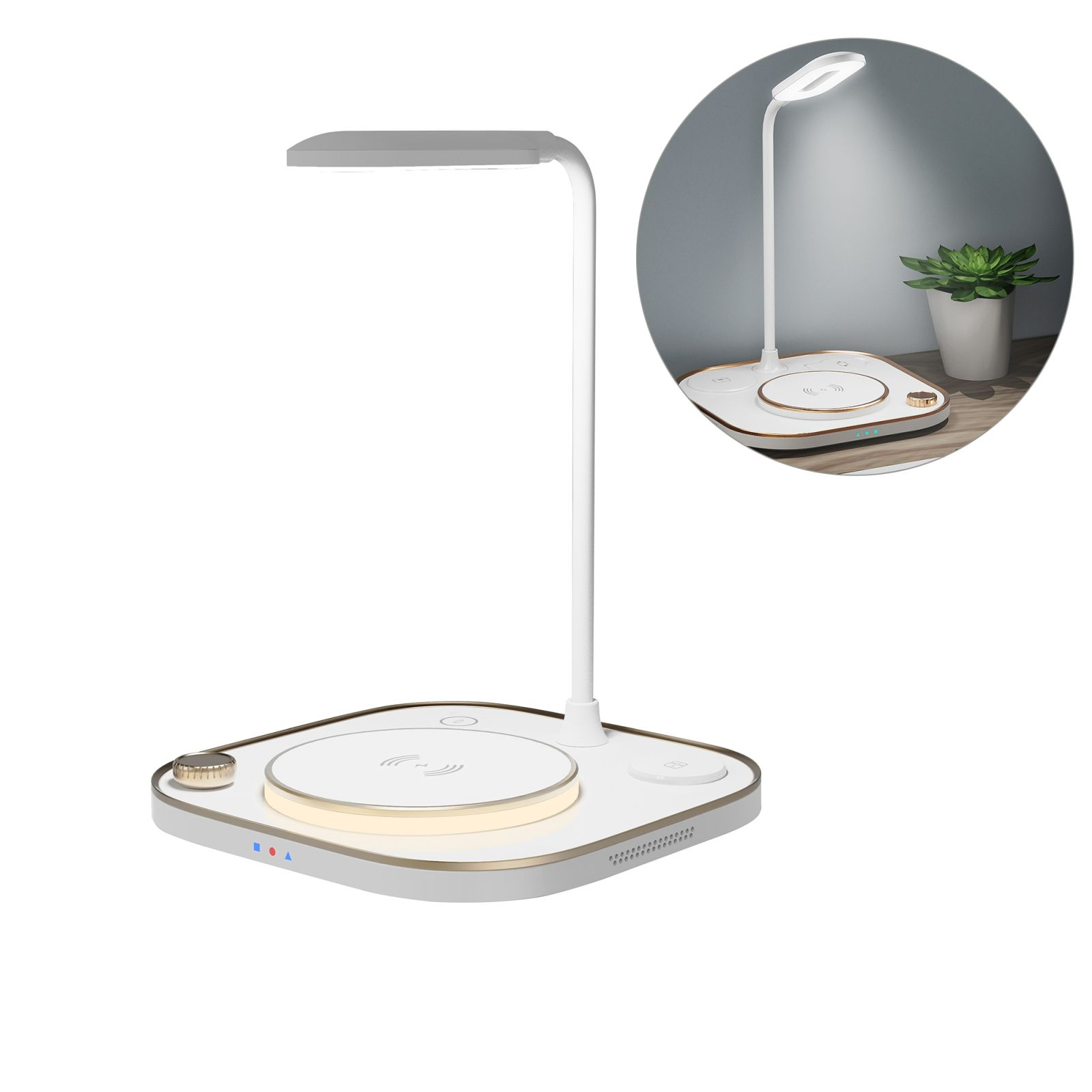 Eine weiße Schreibtischlampe mit quadratischem Sockel, gebogenem Arm und kleinem, rundem, eingesetztem Bild.