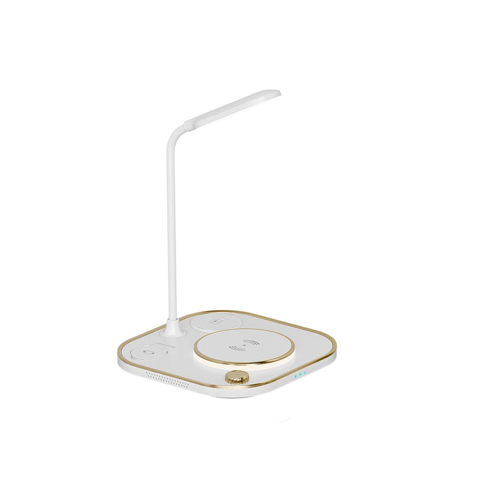 Eine weiße Schreibtischlampe mit flexiblem Hals und weißer Basis mit kabelloser Ladestation.