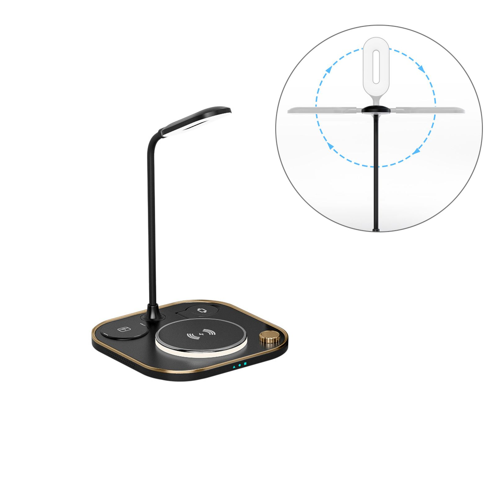 Schwarz-goldene Schreibtischlampe und kabelloses Ladegerät. Oben Licht, Basis Tasten und Ladepad.