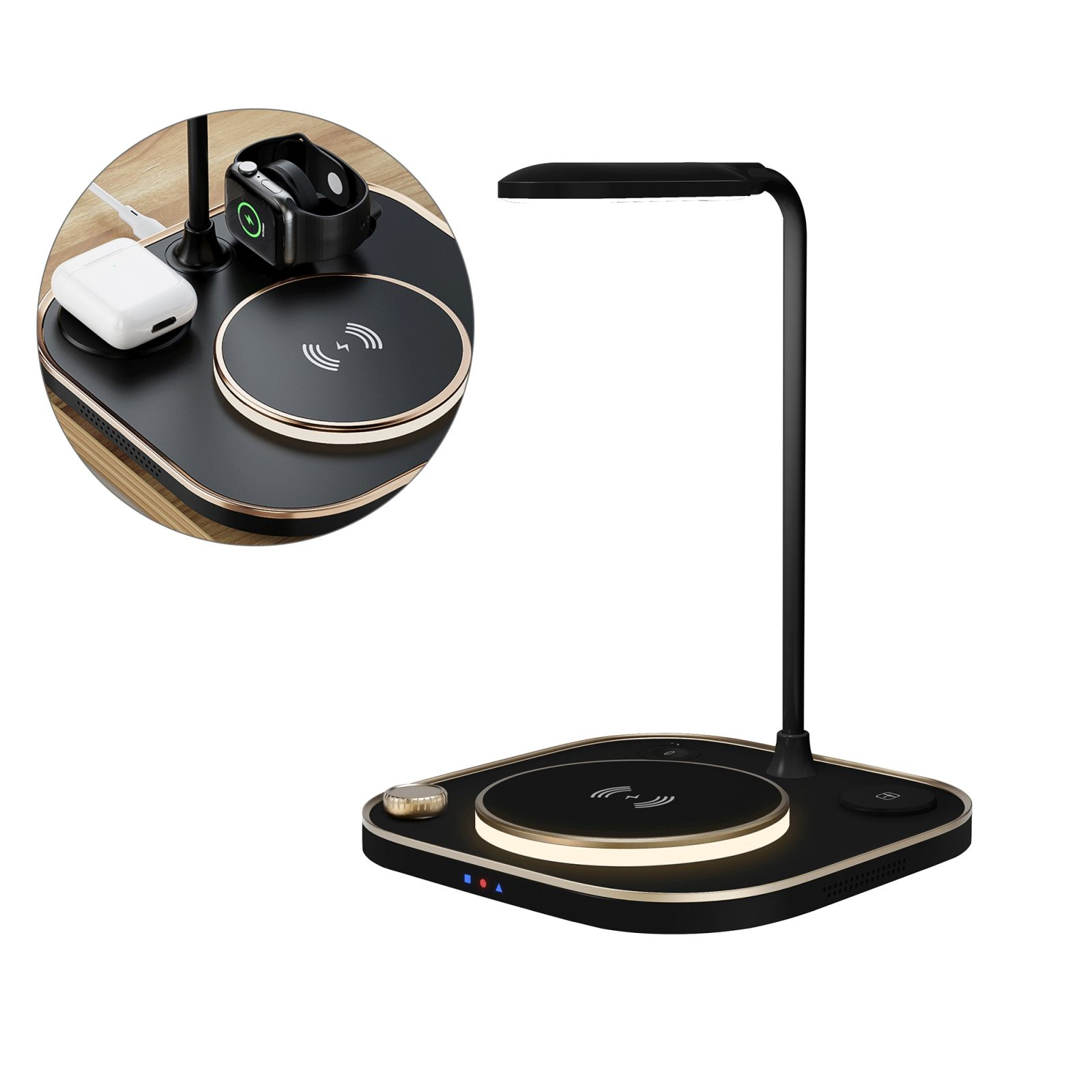 Schwarze Schreibtischlampe mit kabelloser Ladestation, Apple Watch und AirPods-Ladung. Weißer Hintergrund.