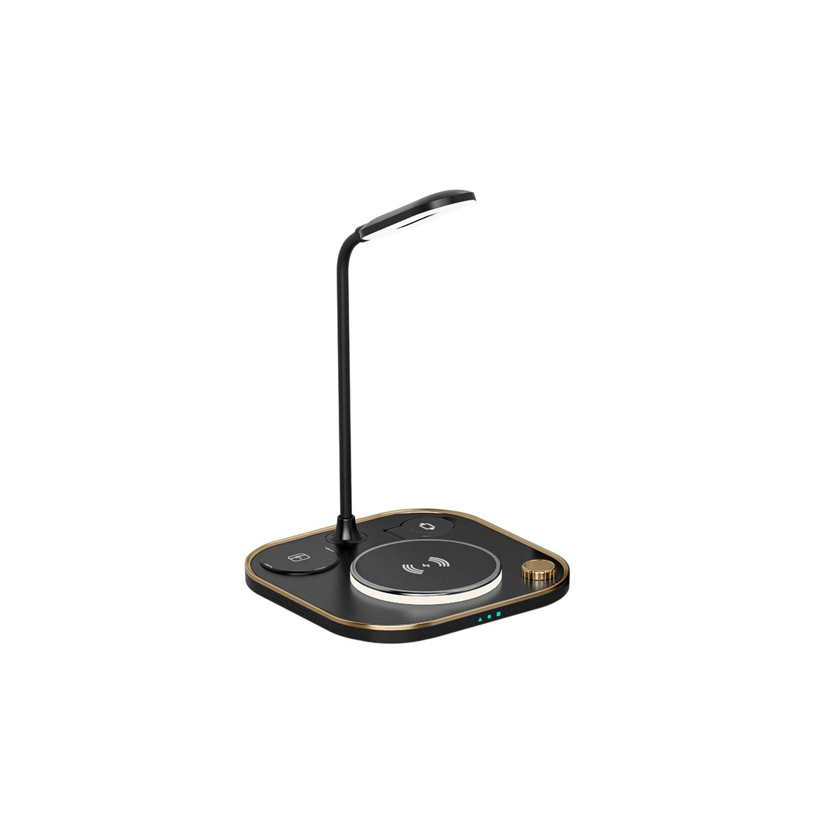 Schwarze Schreibtischlampe mit schwarzem Sockel, Licht und schwarzem Hintergrund.