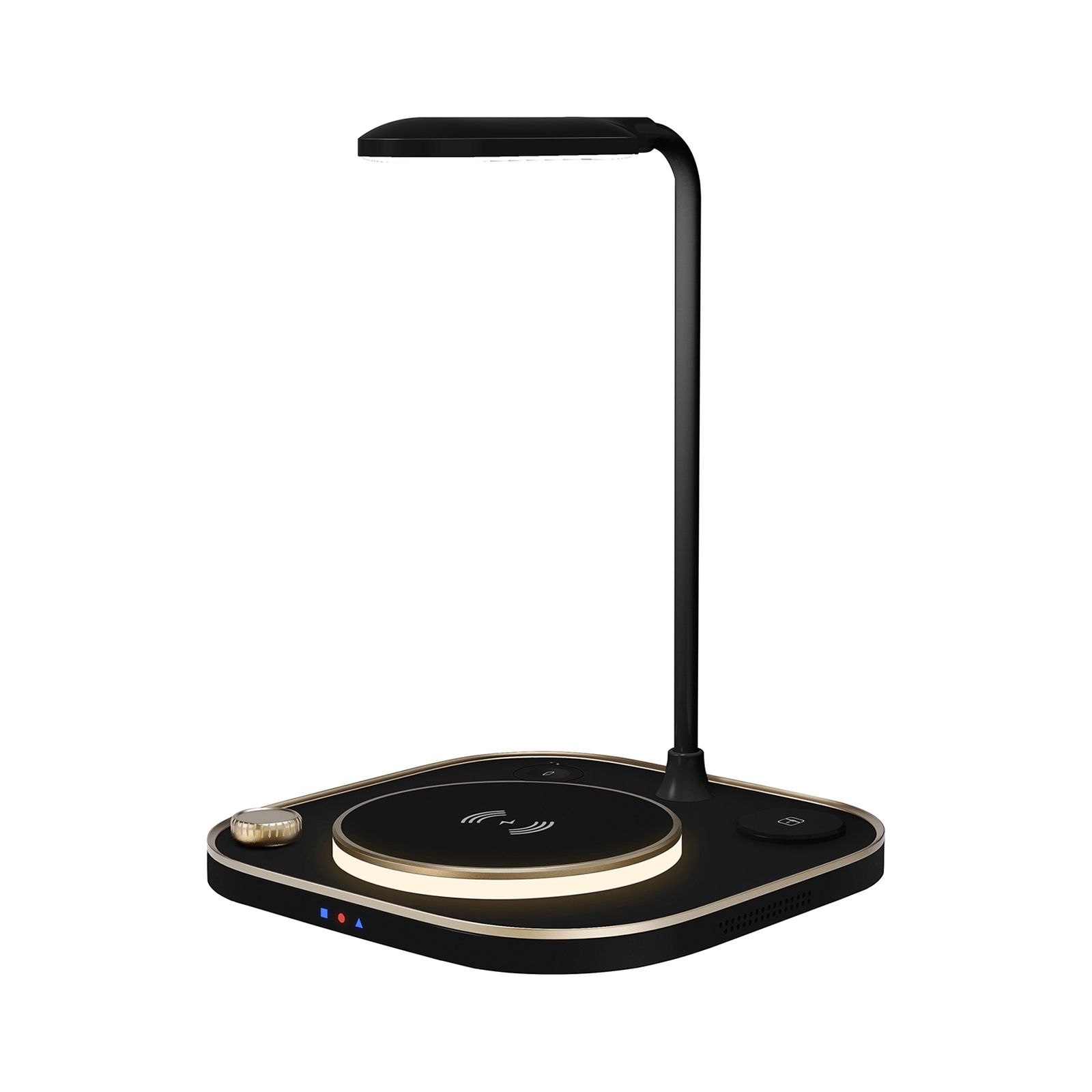 Eine schwarze Schreibtischlampe mit kabelloser Ladestation wird gezeigt. Die Lampe hat einen gebogenen Hals und einen Leuchtkopf.