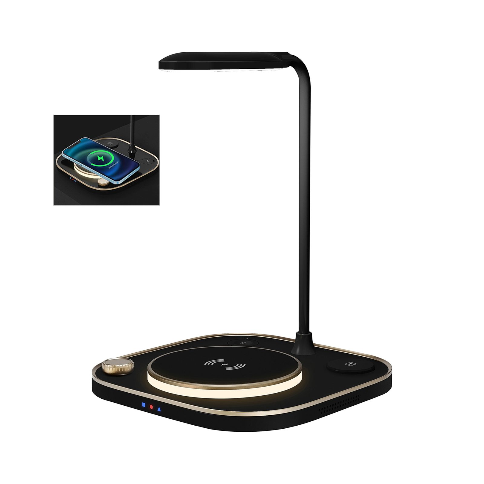 Eine schwarze Schreibtischlampe mit Ladepad, einem Telefon und einem kleinen inset Bild.