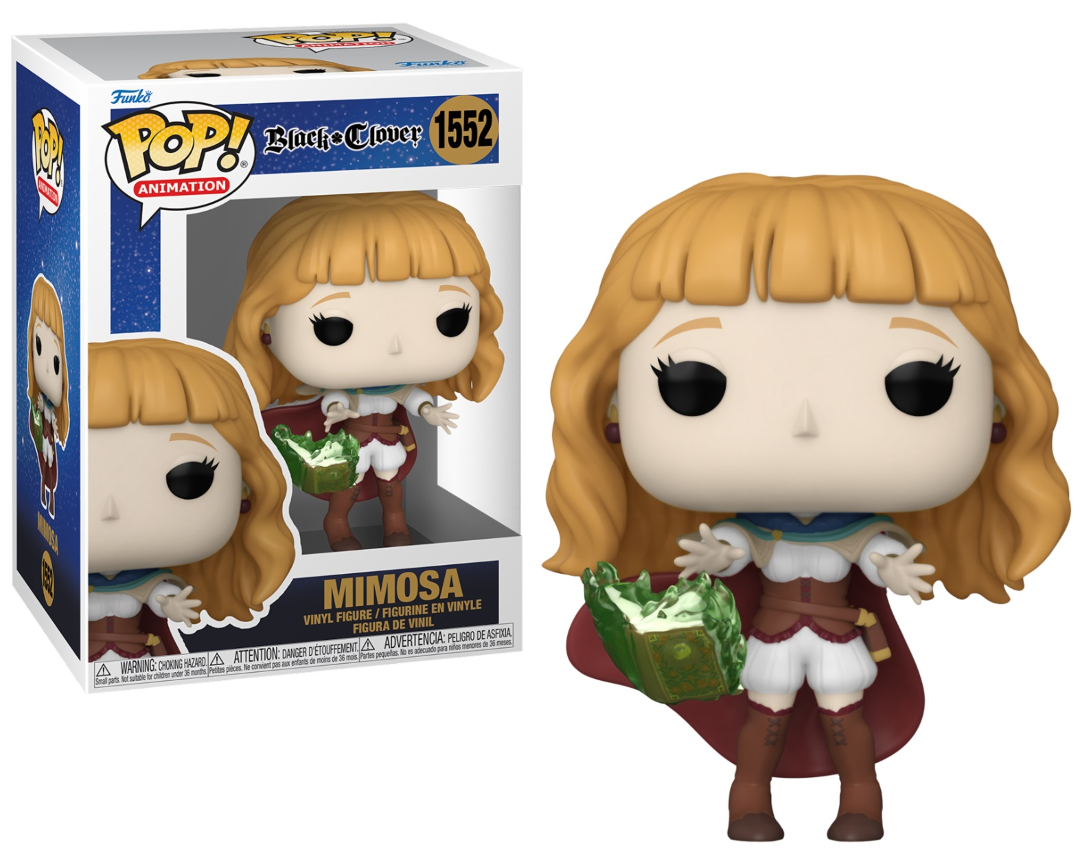 Figura Funko Pop de Mimosa de Black Clover. Sostiene un libro y lleva una capa. La caja también es visible.