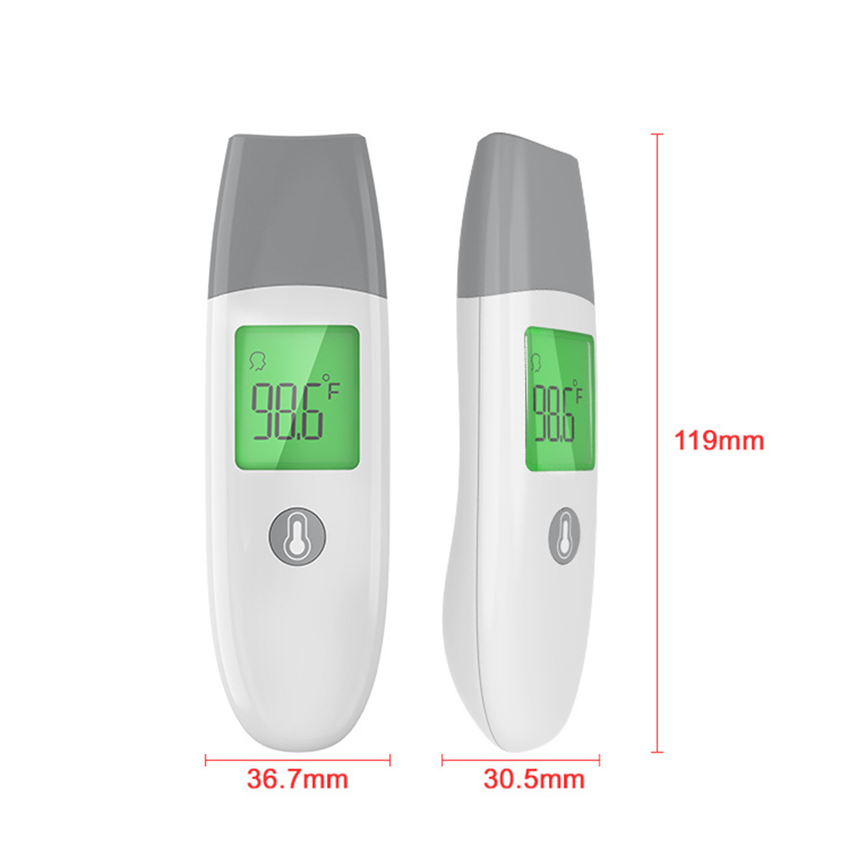 Zwei Thermometer, eine Seitenansicht, zeigen die Temperatur an. Graue Oberteile, weiße Körper, grüne Bildschirme mit 98,6F.