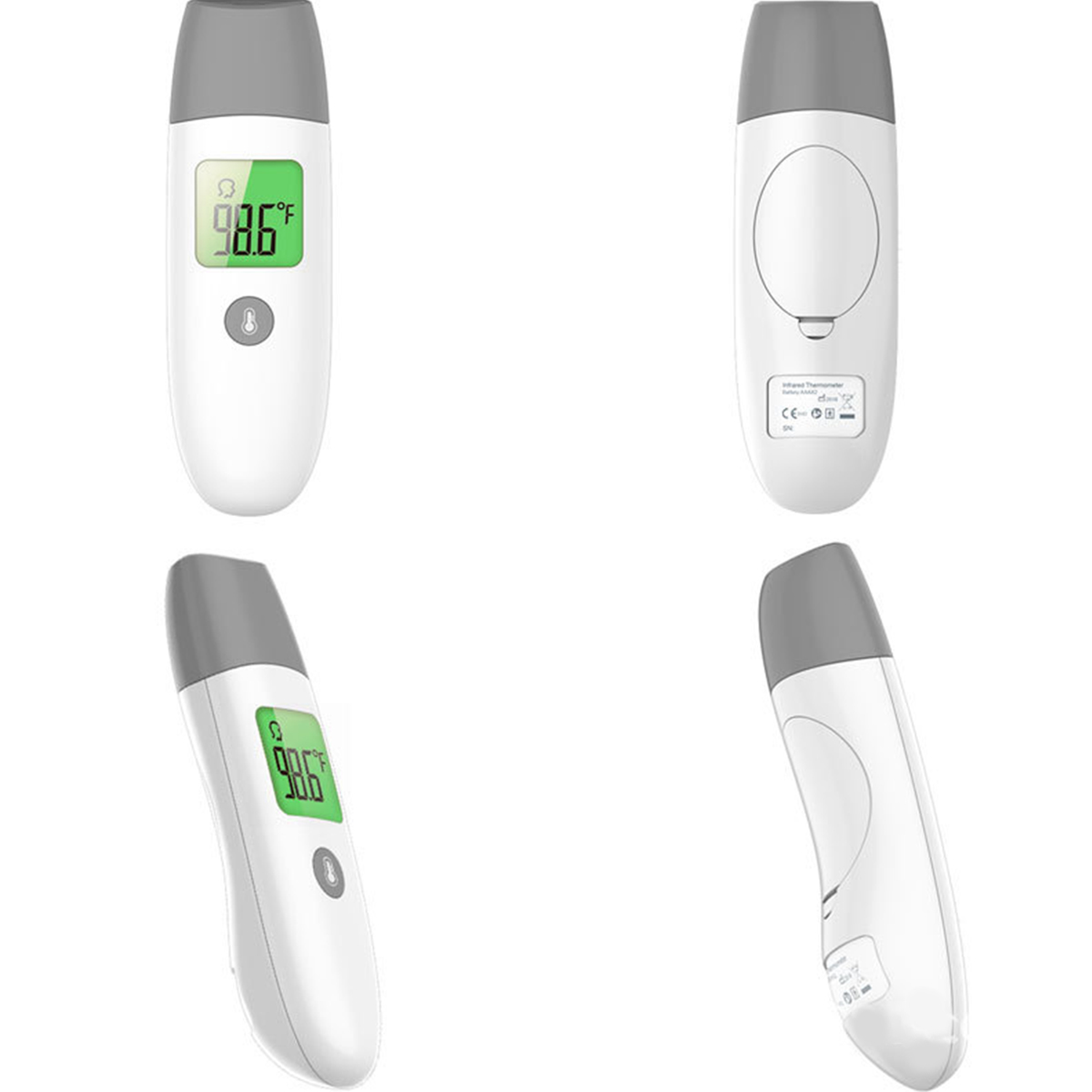 Vier Ansichten eines weißen und grauen Digitalthermometers mit einer Anzeige von 98,6 Fahrenheit.