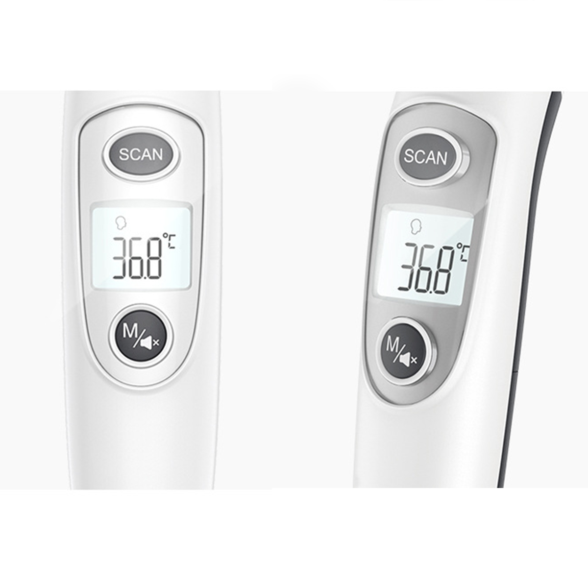 Zwei Thermometer zeigen 36,8 Grad Celsius auf weißem Hintergrund. Die Scan-Taste ist abgebildet.
