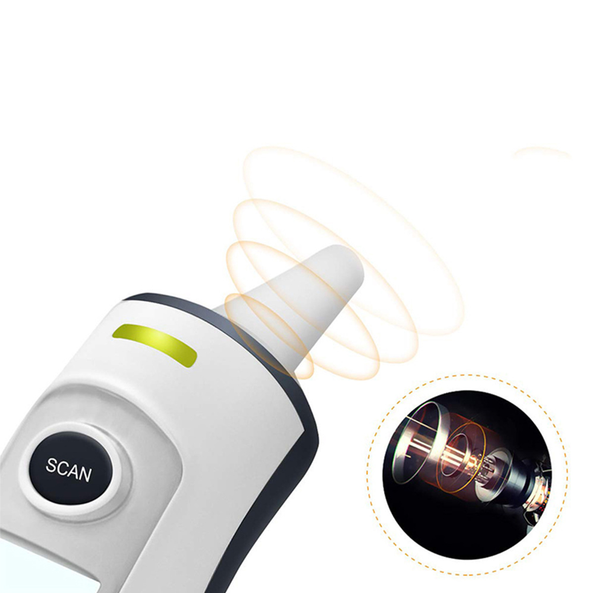 Ein Ohrthermometer mit Bildschirm und einer Taste mit der Aufschrift „SCAN“. Ein kreisförmiges Element befindet sich im Hintergrund.