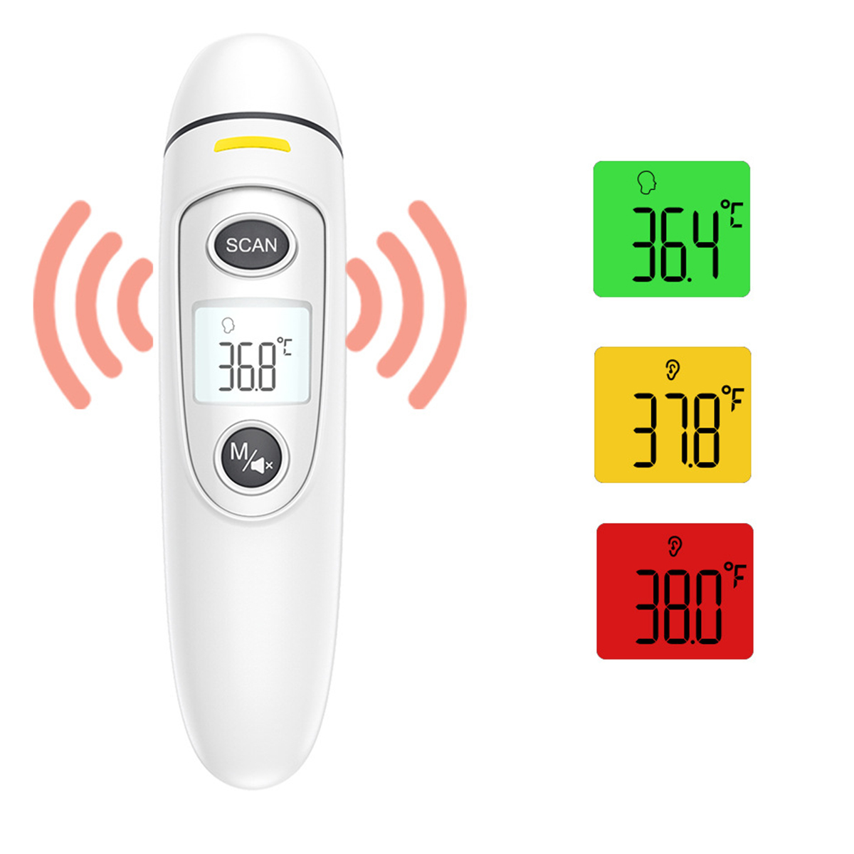 Weißes Thermometer mit Messwerten von 36,8, 37,8 und 38,0 Grad. Grüne, gelbe und rote Kästchen.