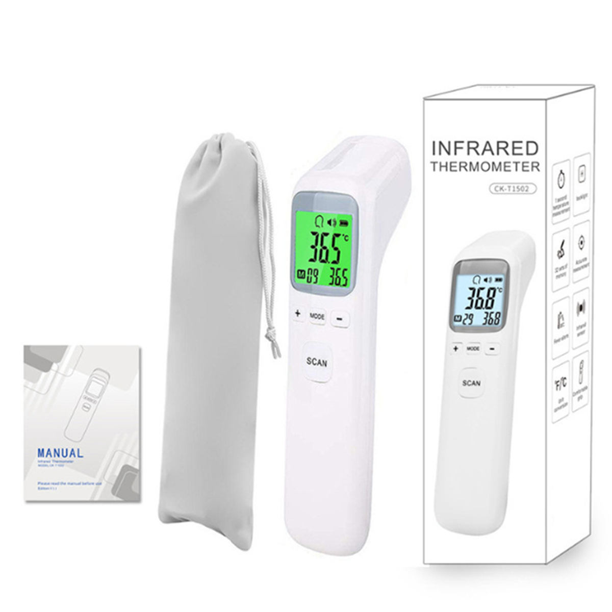 Weißes Infrarot-Thermometer mit Display, Hülle und Handbuch. Box zeigt ein ähnliches Thermometer.
