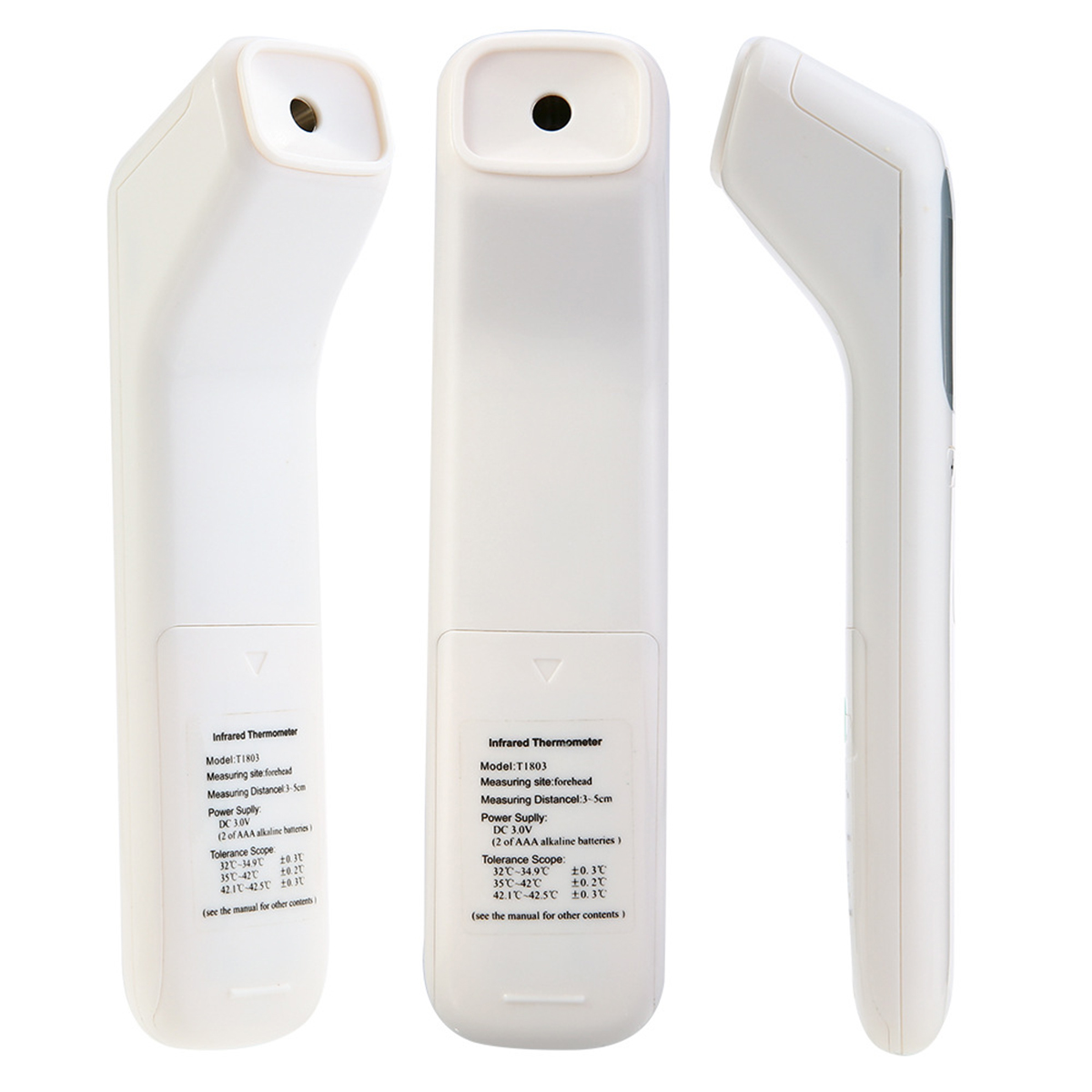 Drei weiße Infrarot-Thermometer. Sie stehen auf weißem Hintergrund und haben eine Düse und einen Bildschirm.
