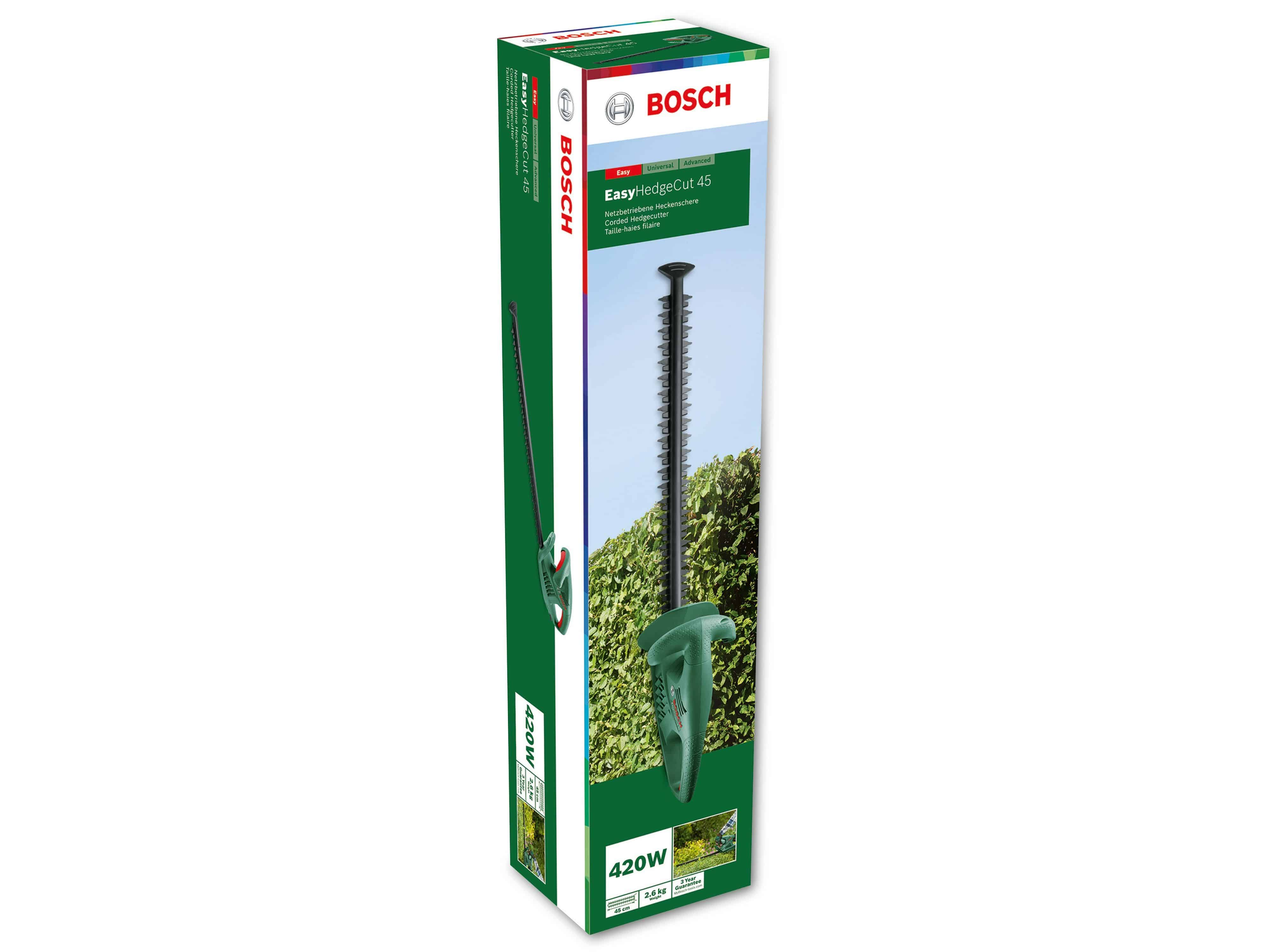 Une boîte haute, verte et blanche avec un taille-haie Bosch et le texte EasyHedgeCut 45.