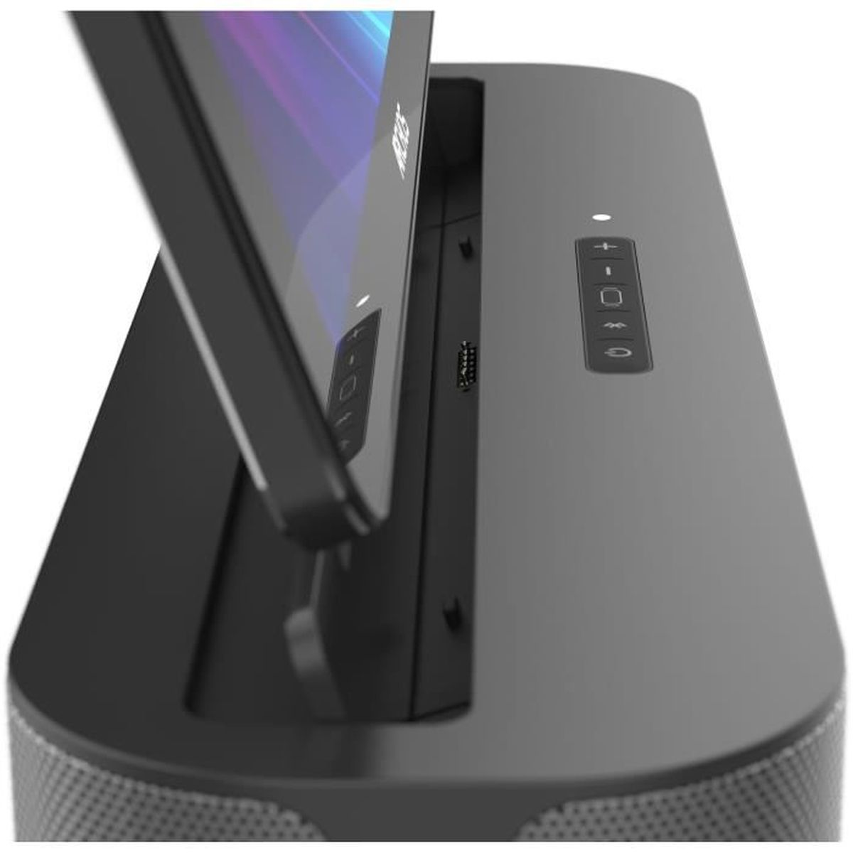 Altavoz con teléfono en la base. La pantalla del teléfono es visible.