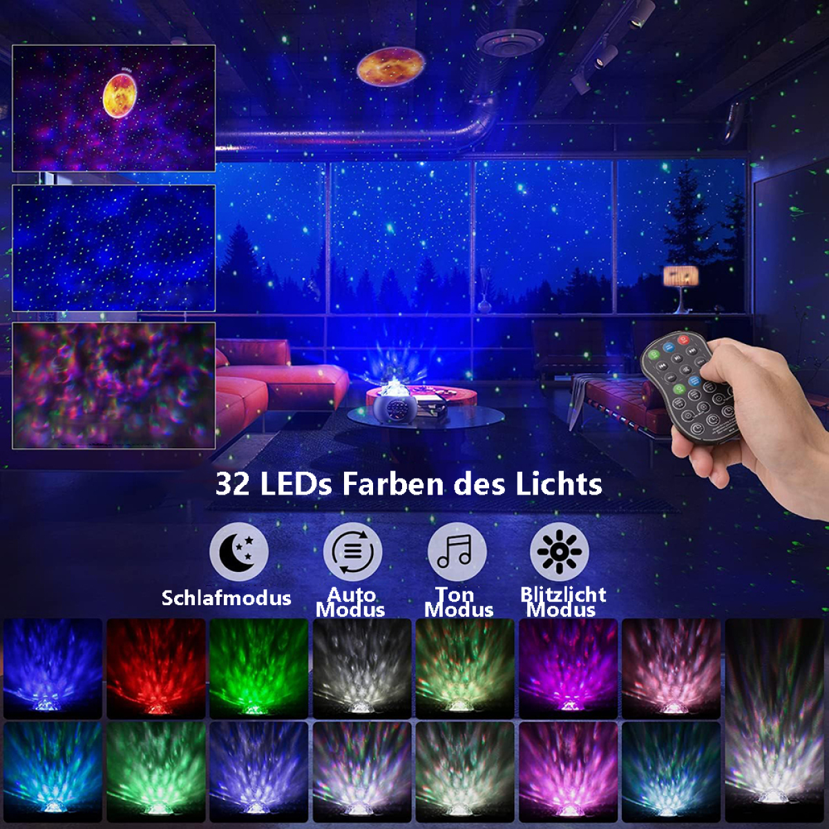 Ein Raum mit einem Sternenhimmelprojektor, der verschiedene Lichtmuster und eine Fernbedienung zeigt.