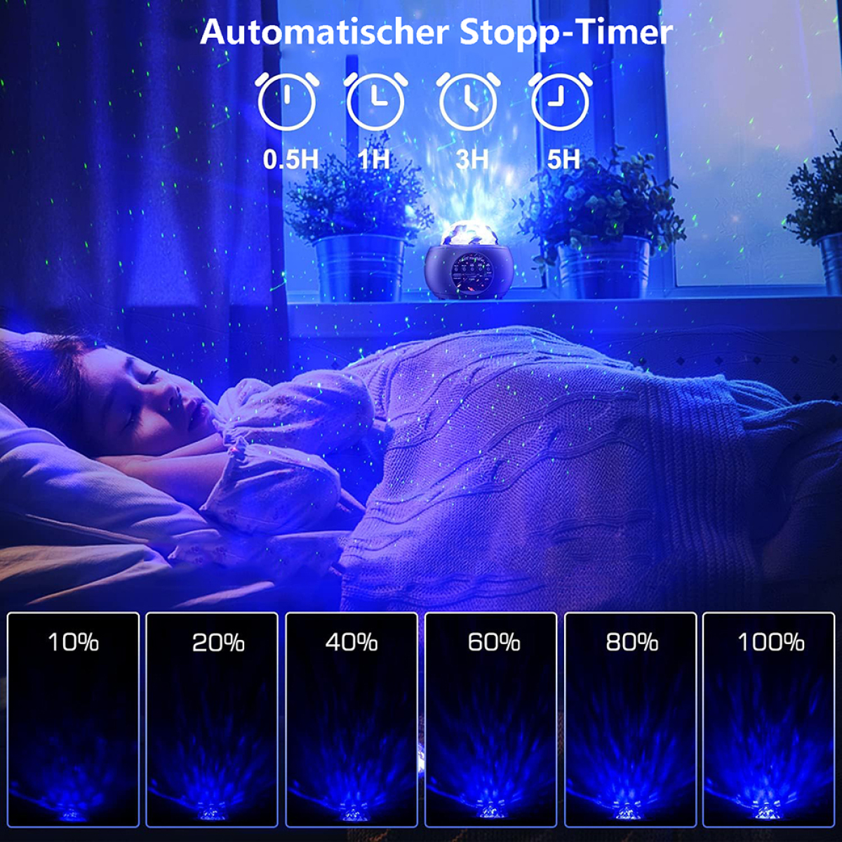 Ein Mädchen schläft unter einer Decke, mit einem Projektor im Hintergrund und den Lichtern an.