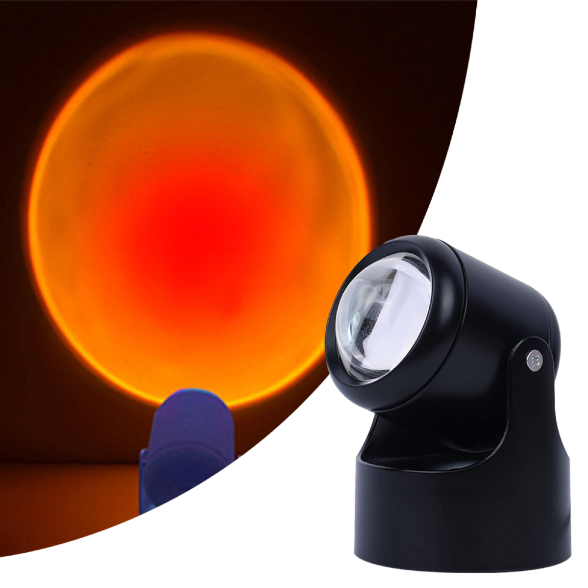 Schwarze Lampe mit einem hellen, orangefarbenen Lichtkreis, der auf die Wand projiziert wird.