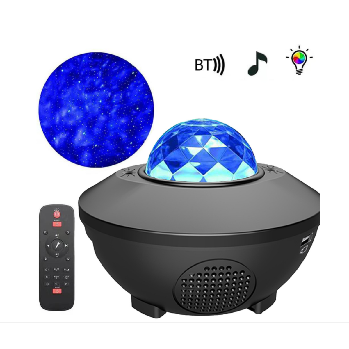 Schwarzer Galaxie-Lichtprojektor mit blauem Licht und Fernbedienung.