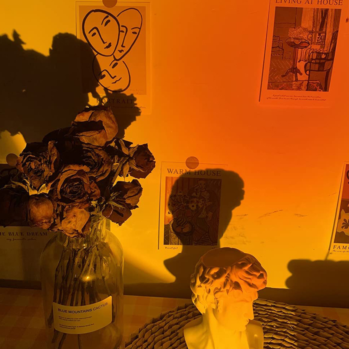 Eine Wand mit Postern und getrockneten Rosen, beleuchtet von orangefarbenem Licht.