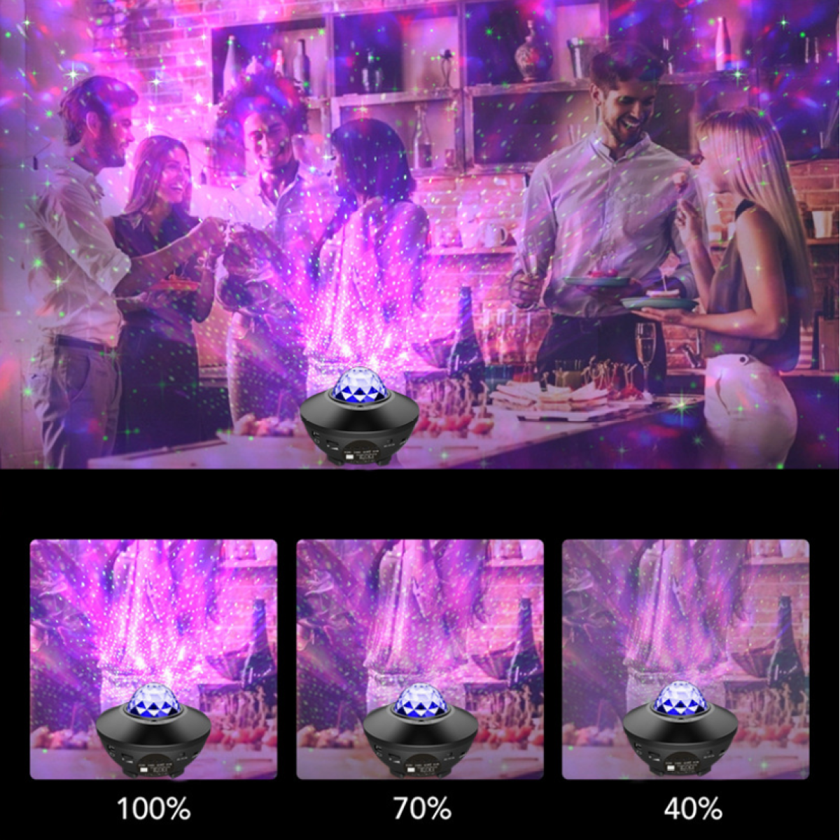 Menschen auf einer Party mit einem Sternenprojektor. Das Licht des Projektors erfüllt den Raum mit lila und grünen Sternen.