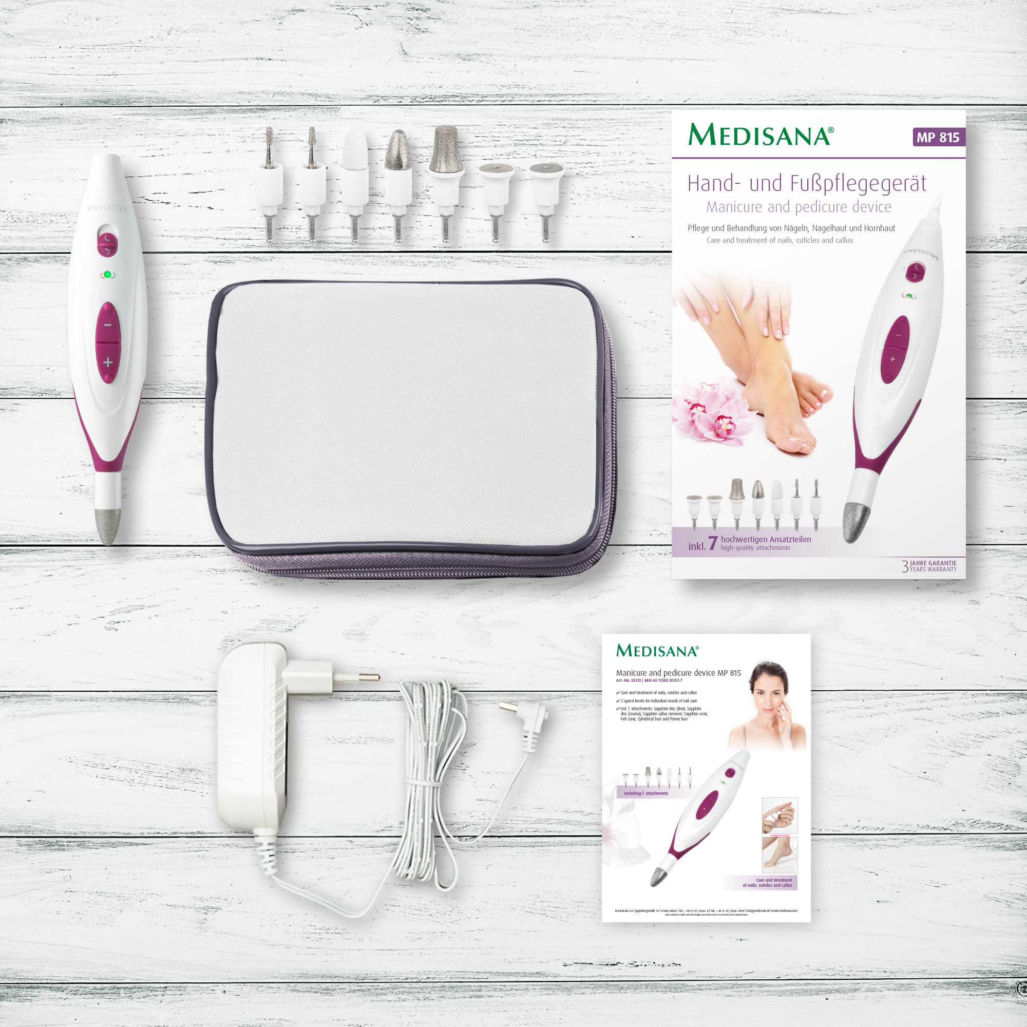 Manicure and pedicure device set with accessories. Includes a power supply and a carrying case.