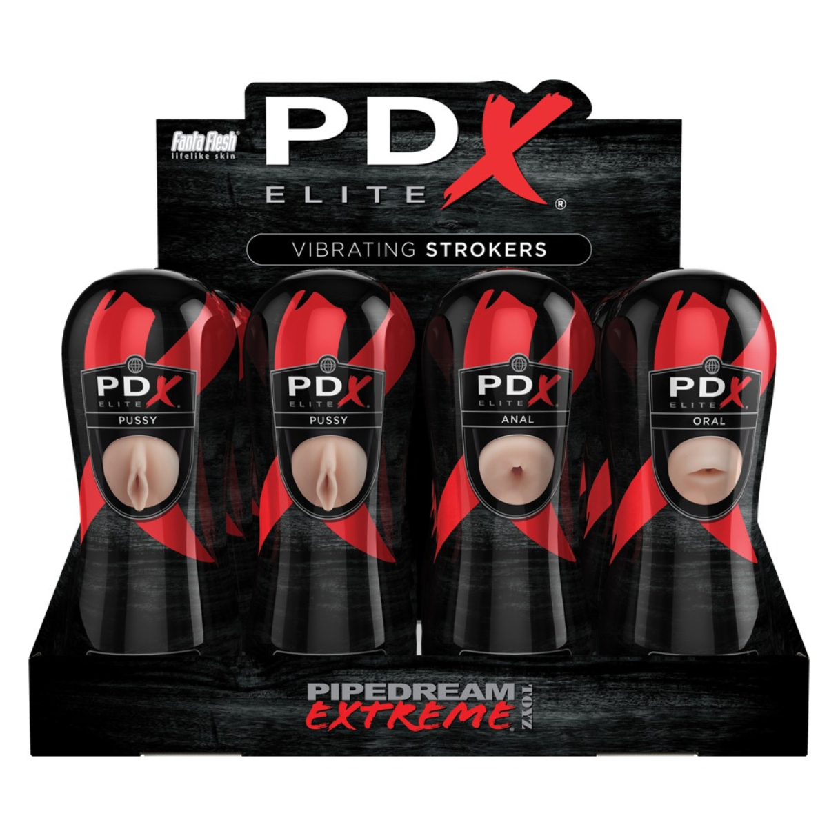 Anzeige von PDX Elite Vibrations-Stroker. Die Produkte befinden sich in einer schwarz-roten Box. Jeder hat eine andere Öffnung.