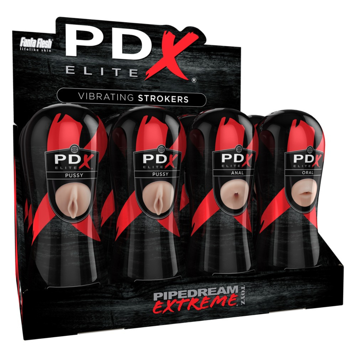 Auslage von PDX Elite Vibrations-Stroker in einer Displaybox. Das Produkt ist für Pussy, Anal und Oral.