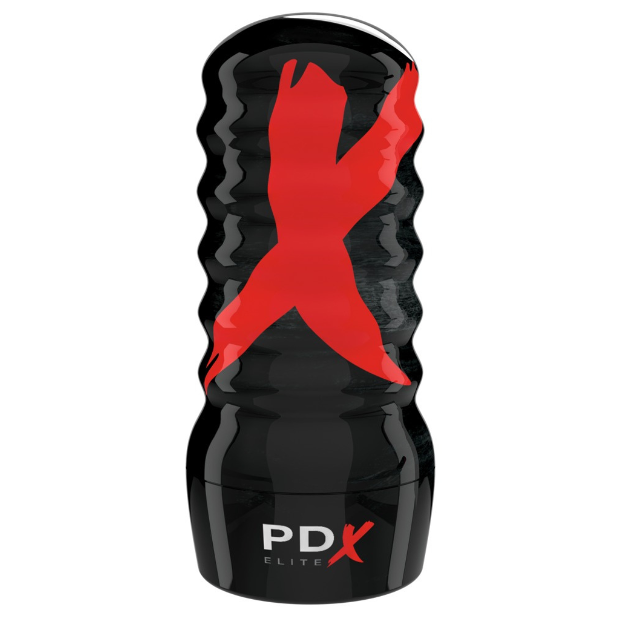 Un cilindro negro con un diseño de 'X' rojo. La parte inferior dice 'PDX ELITE' con una 'X' roja. Acabado brillante, fondo blanco.