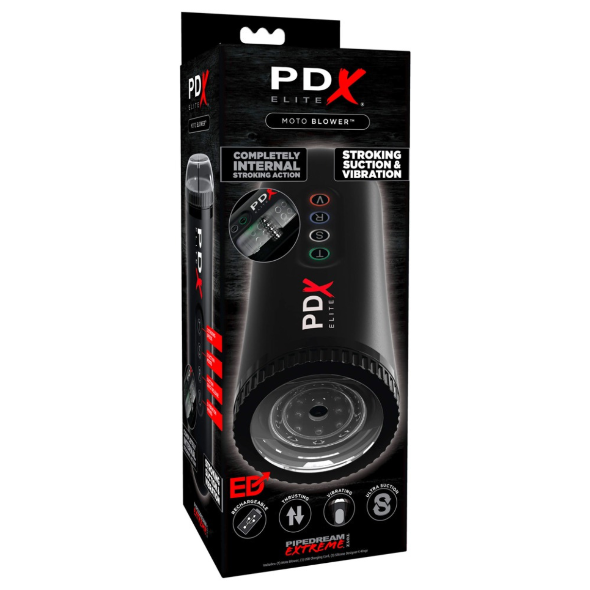 Ein schwarzes Sexspielzeug mit einer schwarzen Box. Auf der Box steht PDX Elite, Moto Blower.