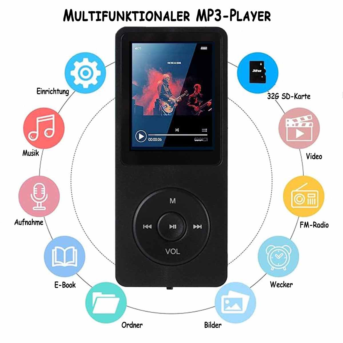 Czarny odtwarzacz MP3 z ekranem wyświetlającym gitarzystę. Urządzenie otaczają różne ikony funkcji.