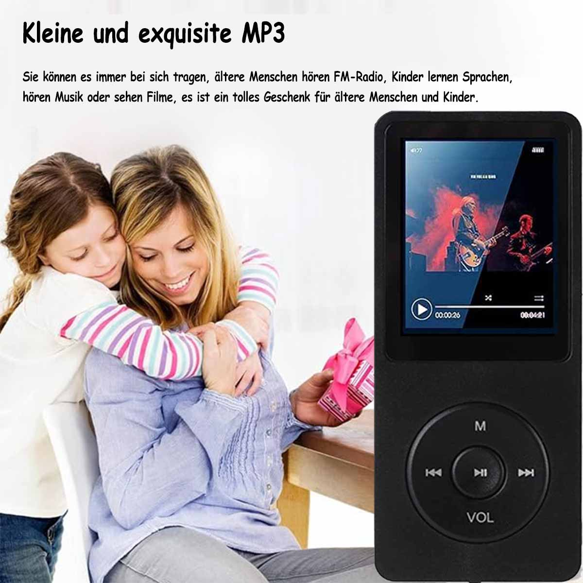 Matka i córka słuchają muzyki na czarnym odtwarzaczu MP3. Odtwarzacz MP3 jest po prawej.