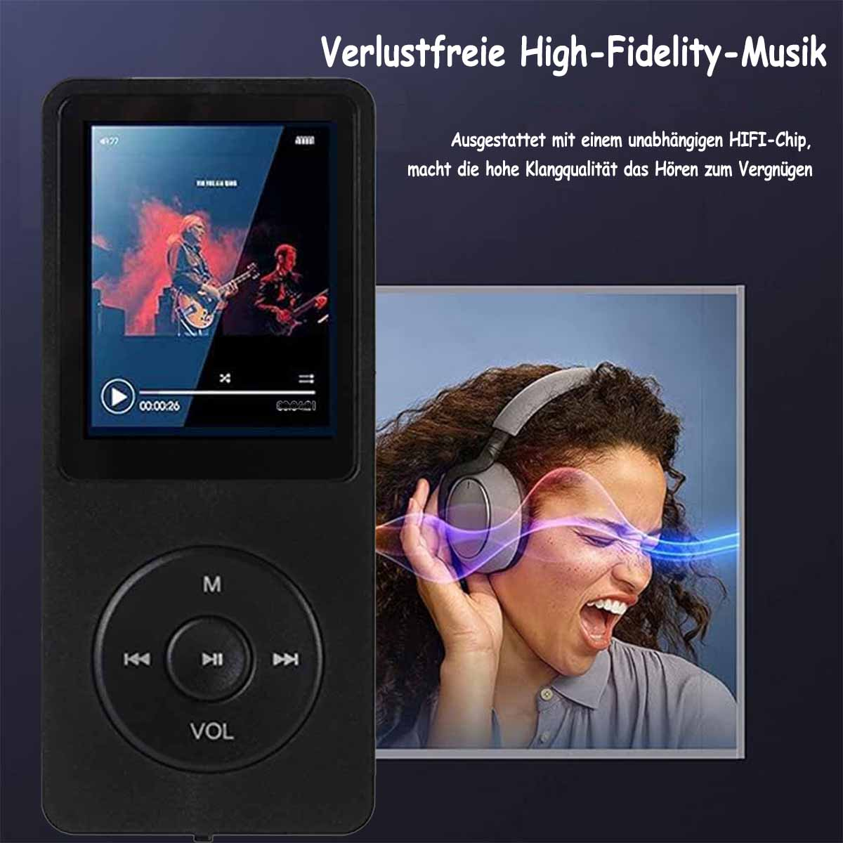 Czarny odtwarzacz MP3 z ekranem wyświetlającym teledysk. Kobieta ma na sobie słuchawki.