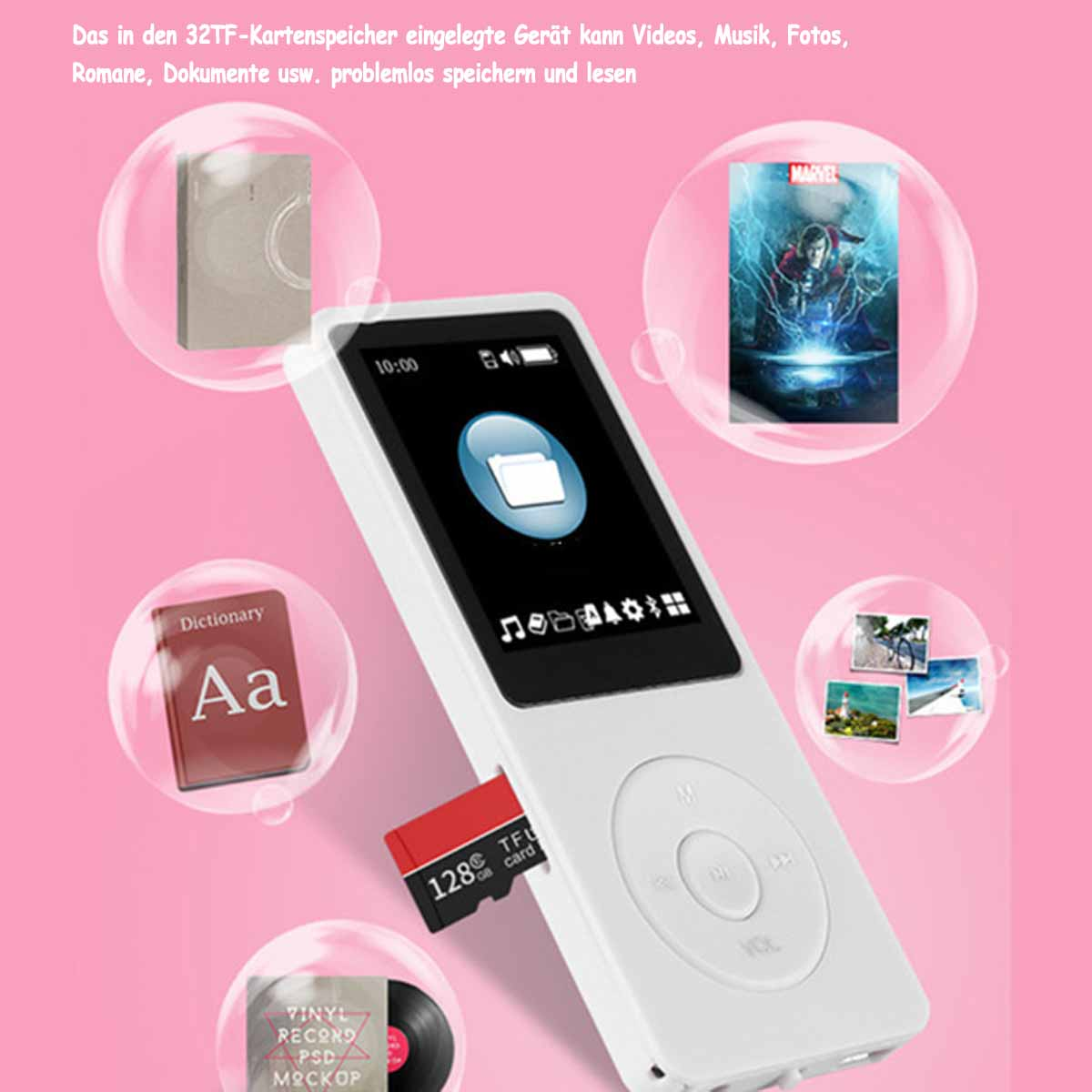 Biały odtwarzacz MP3 z ekranem, kartą SD i różnymi pływającymi ikonami aplikacji. Różowe tło.