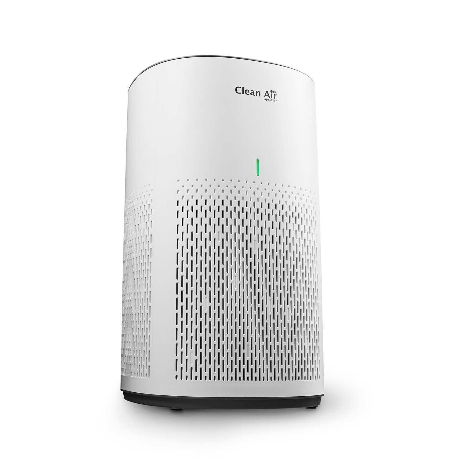 White air purifier with green light and vertical vents. Clean Air logo. White background.