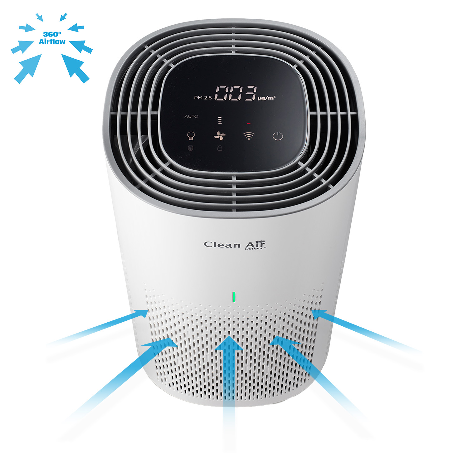 White air purifier with a digital display and arrows showing airflow. Arrows indicate 360 degree airflow.