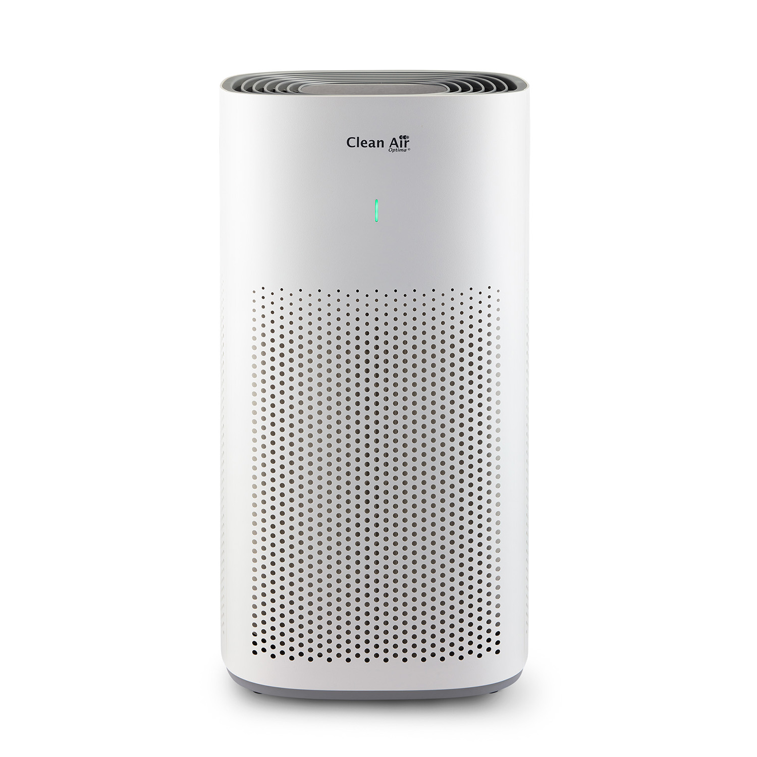 White air purifier. Black perforated areas. White background.