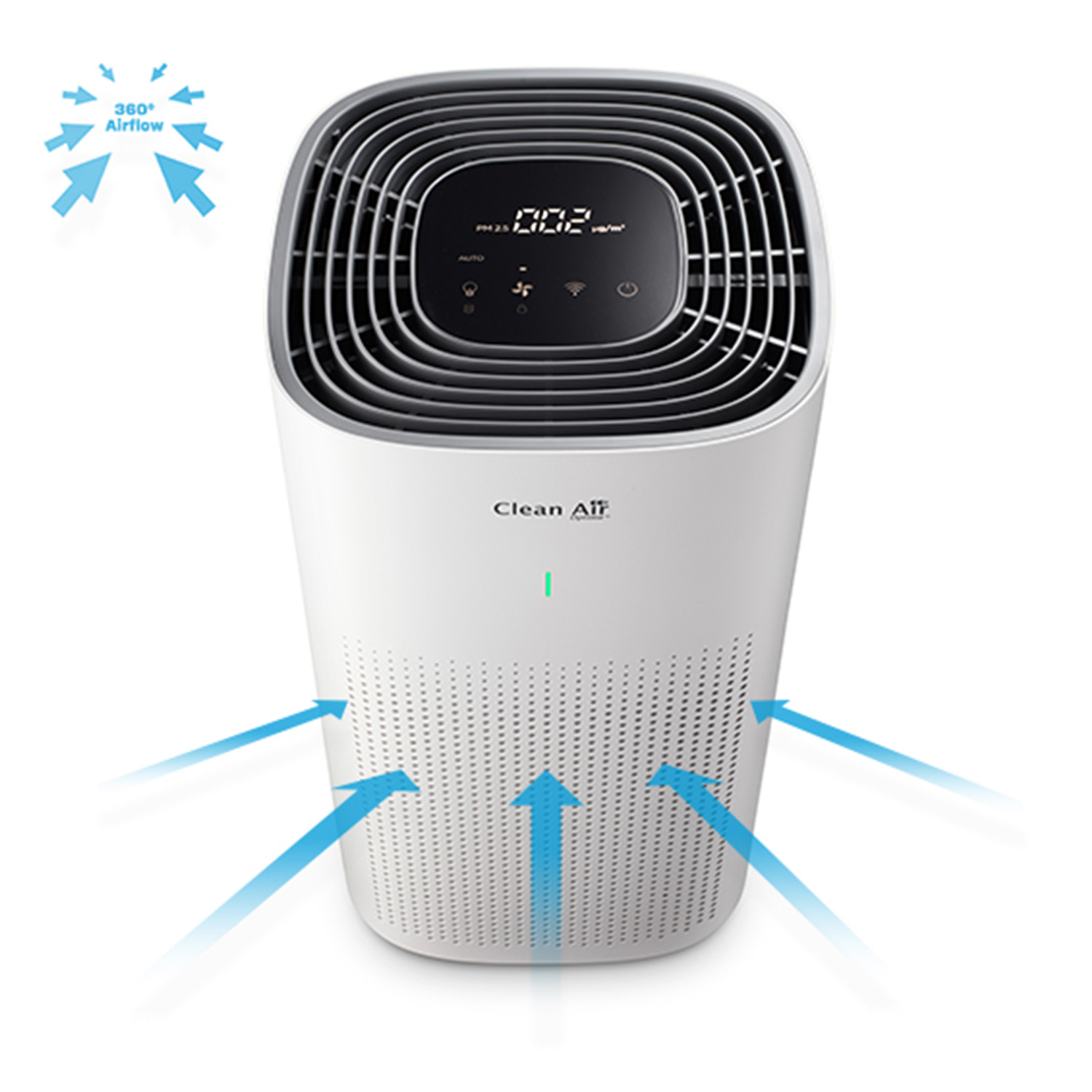 White air purifier with blue arrows indicating airflow, digital display, and a green power indicator.
