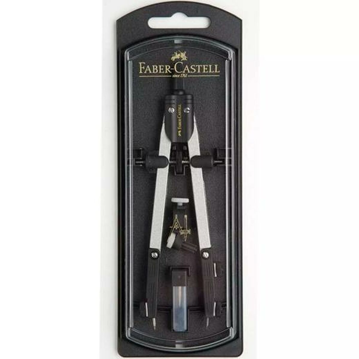 Faber-Castell Zirkelset in schwarzer und klarer Kunststoffverpackung.