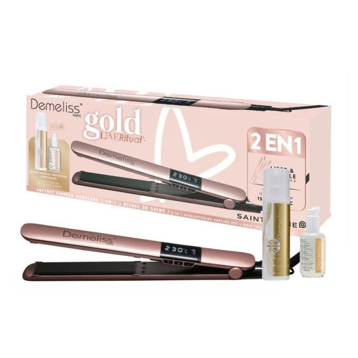 Ein Glätteisen-Set mit zwei Bügeleisen, zwei Flaschen und einer Box mit Produktinfo.