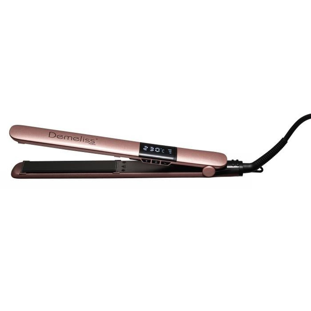 Ein roségoldfarbener Haarglätter auf einer weißen Oberfläche.