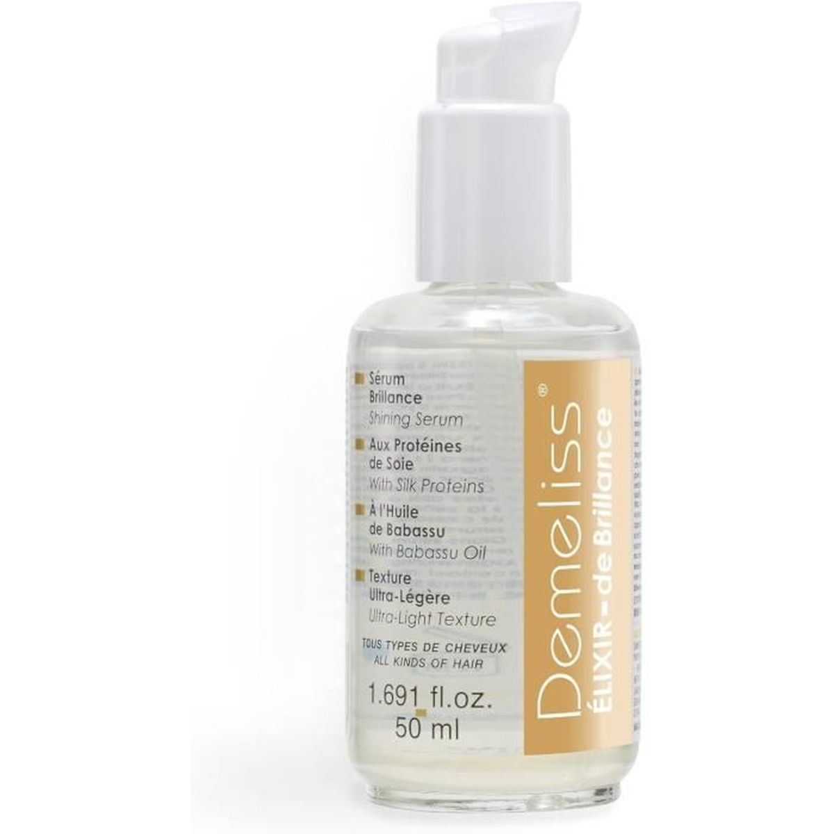 Weiße Flasche mit Pumpe, beschriftet mit 'Demeliss' und 'Shining Serum'. Weißer Hintergrund.