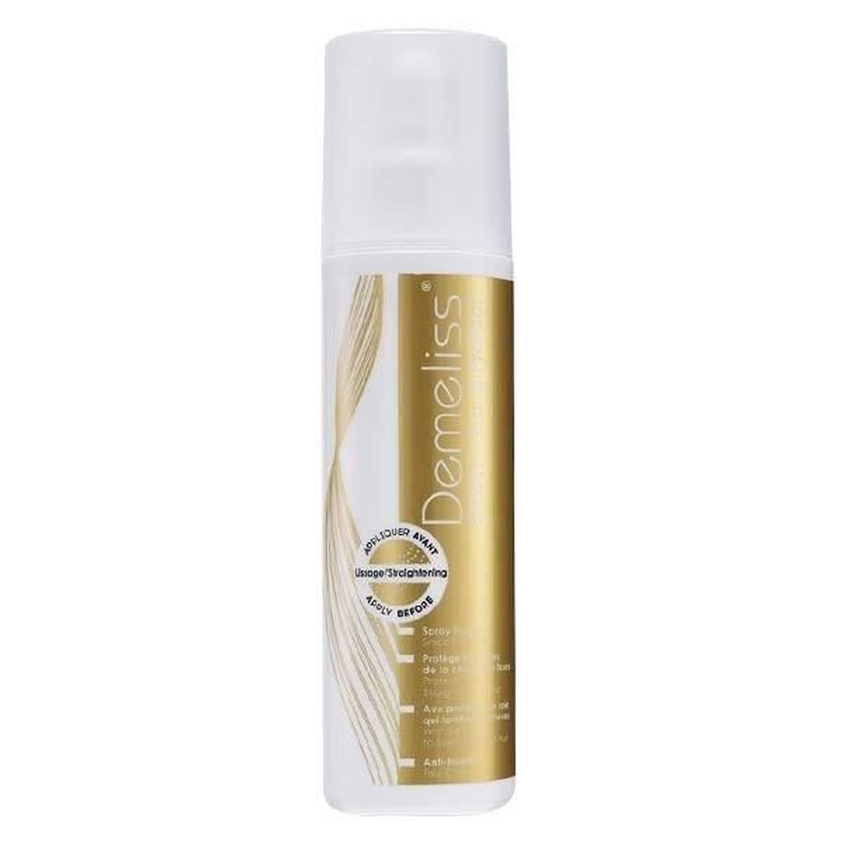 Weiß-goldene Sprühflasche des Demeliss-Haarprodukts. Etikett mit Text und goldenen Akzenten. Weißer Hintergrund.