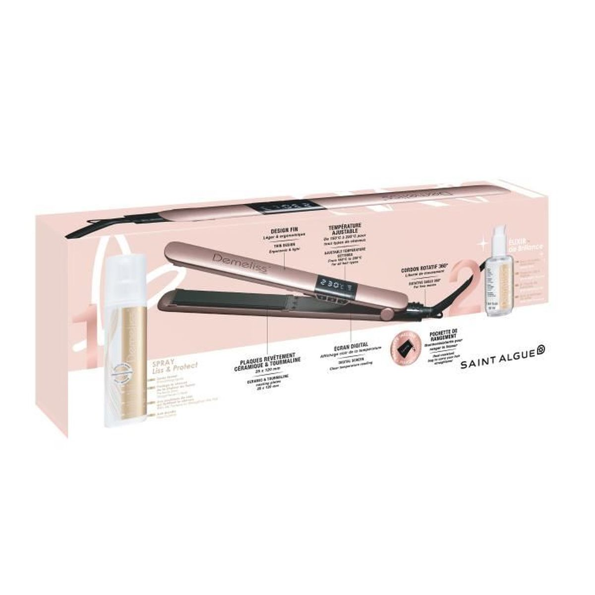 Eine Haarglätter-Box mit Haarglätter, Spray und anderem Zubehör.
