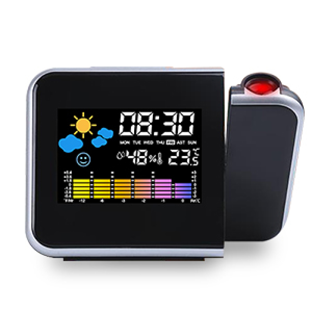 Eine Digitaluhr zeigt Zeit, Tag, Wetter und Temperatur vor weißem Hintergrund an.