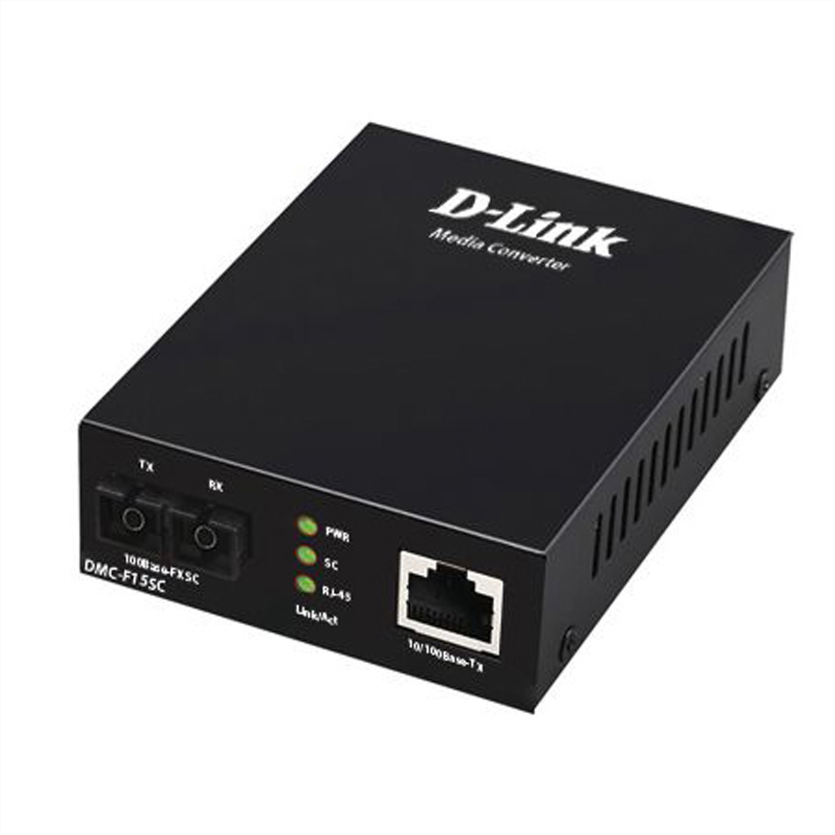 Schwarzer D-Link Medienkonverter mit Anschlüssen und Lichtern.