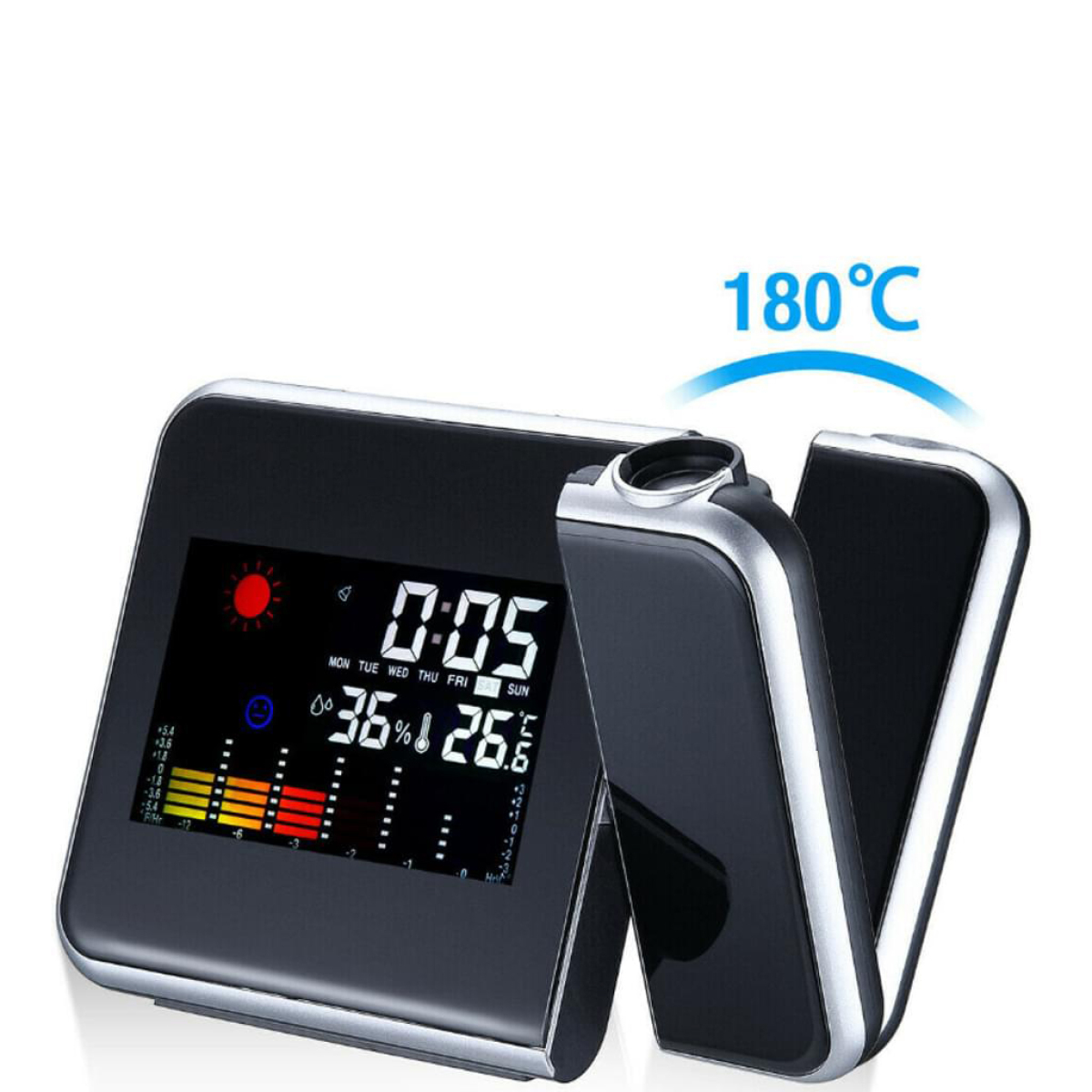 Schwarze Digitaluhr mit Anzeige von Uhrzeit, Datum und Wetterdaten sowie einem Projektionsarm nach rechts abgewinkelt.