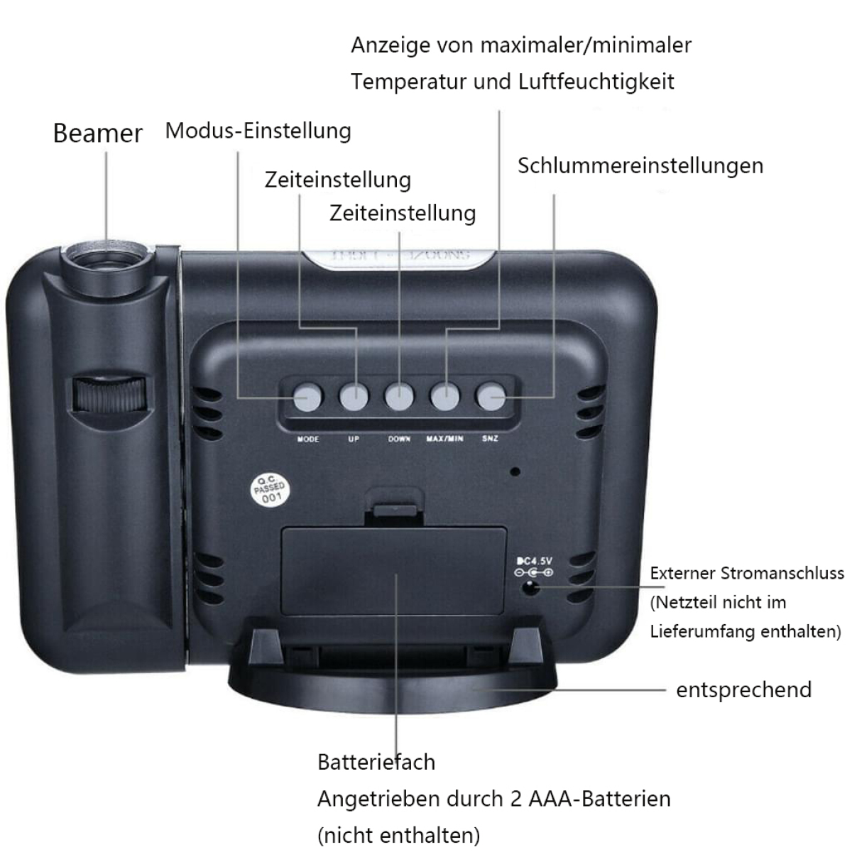 Schwarze Uhr mit deutschen Beschriftungen, darunter 'Beamer' und 'Batteriefach'.