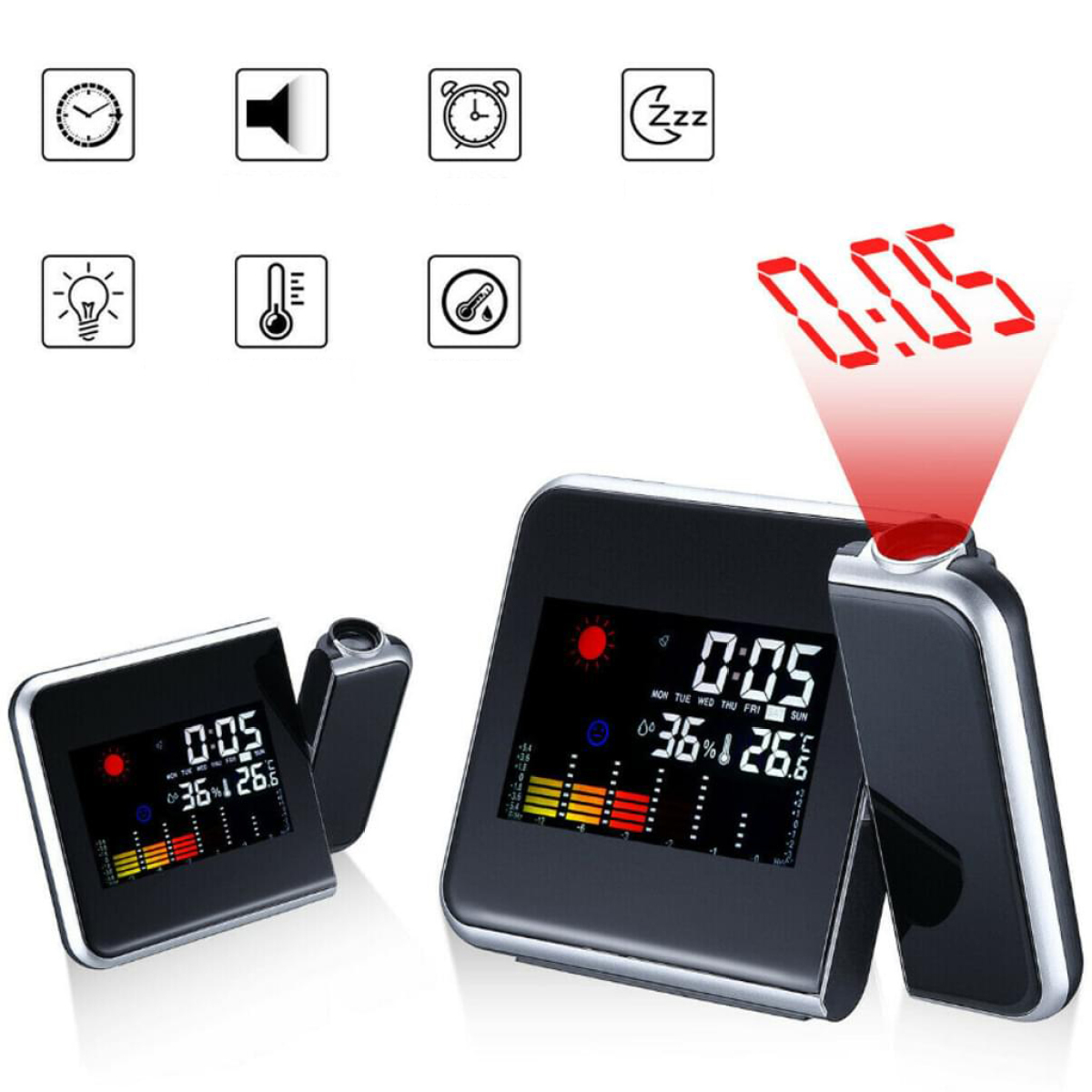 Digitaluhr mit Projektion. Zeigt Zeit, Temperatur und Luftfeuchtigkeit an. Symbole für Alarm, Licht und Schlaf.